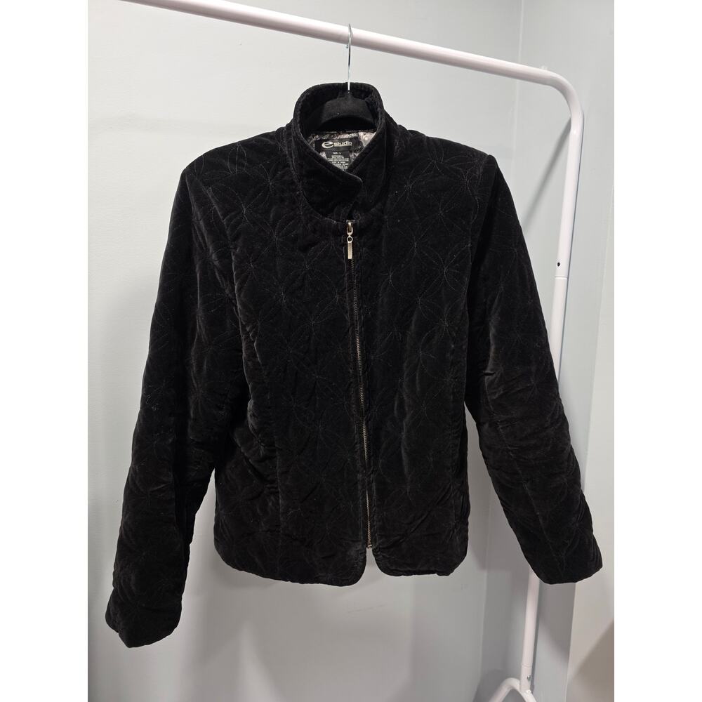 Black Velvet Quilted Jacket Sz L Fits M Floral Stitch Full Zip Satin Lined - Picture 5 of 7